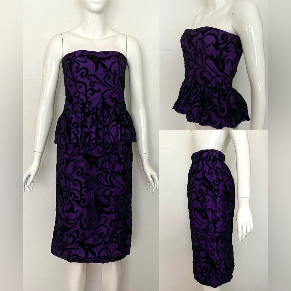 VTG 80s LANVIN PARIS CORSET PEPLUM TOP SKIRT SET PURPLE WITH BLACK LACE 40 SMALL
